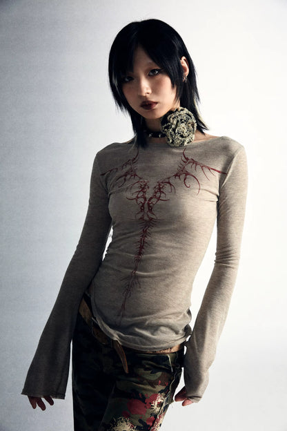 Grunge Tattoo Print - Long Sleeve Slim Fitted