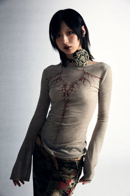 Grunge Tattoo Print - Long Sleeve Slim Fitted