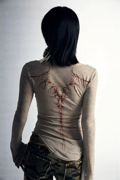 Grunge Tattoo Print - Long Sleeve Slim Fitted